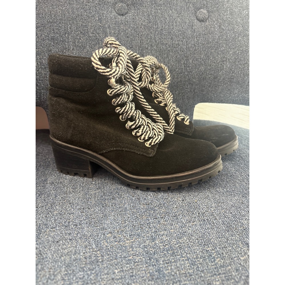 Black Suede Lace Up Heeled Combat Boots Chunky Lug Sole‎ Women's Size 7 M